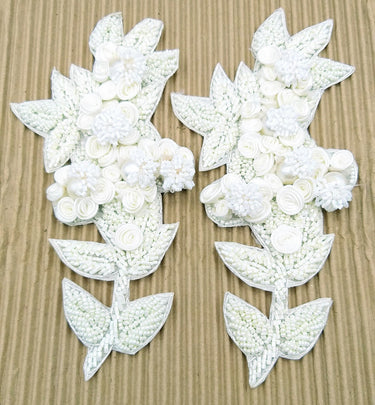 White Hand Embroidered Floral Applique, Beaded Floral Motif